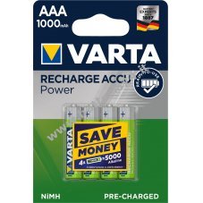 Batteria alta potenza Varta HR03 LR03 Micro AAA NiMH confezione da 4 1000mAh