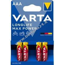 Pile Varta AAA LR03 Alcaline Micro Longlife Max Power 1.5V Confezione in blister da 4 pz.